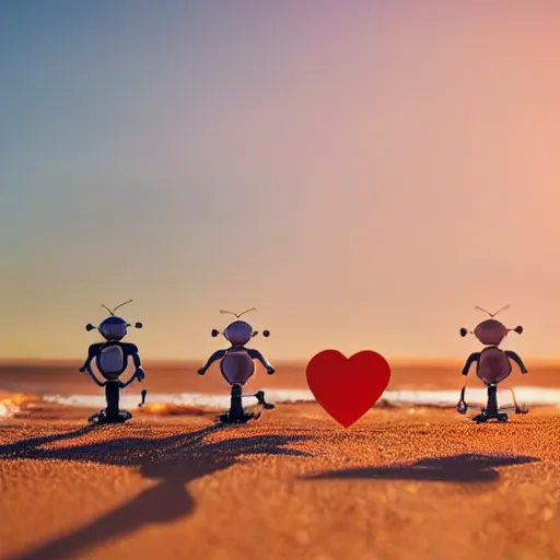 Image similar to cute tiny robots holding hands taking a stroll on the beach golden hour with lots of cute hearts floating in the air at sunset
