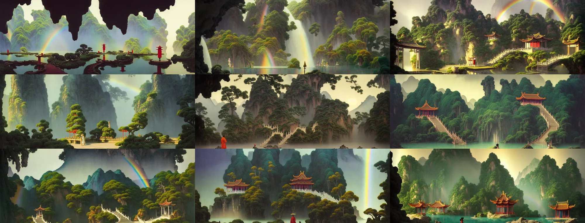 Image similar to a gorgeous landscape painting by barlowe wayne, maxfield parrish and marco mazzoni. chinese temple. rainbow, rainy mood!! sunny morning. a lonely chinese wuxia walks on the winding stone steps, stone gate to the dark cave, 3 d, octane render, turbulent lake, waterfall, fog, 8 k.