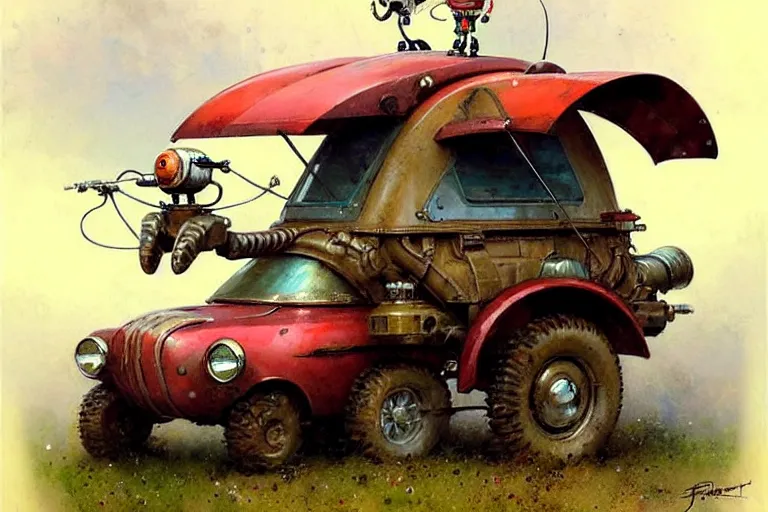 Image similar to adventurer ( ( ( ( ( 1 9 5 0 s retro future robot android mouse wagon rv offroad robot. muted colors. ) ) ) ) ) by jean baptiste monge!!!!!!!!!!!!!!!!!!!!!!!!! chrome red