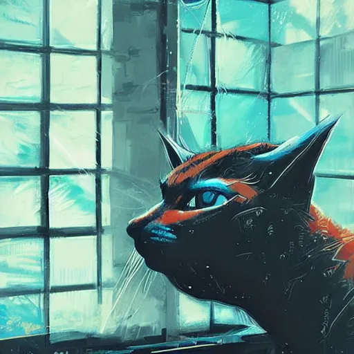 Image similar to cyberpunk cute caracal in a bathtub, by Alena Aenami, by Guy Denning