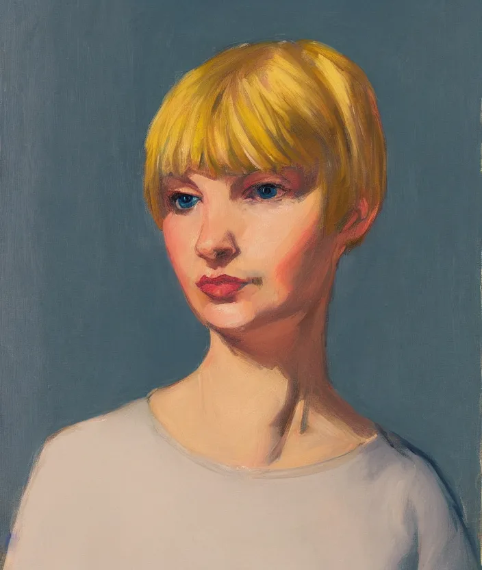 Image similar to a closeup portrait of woman with a blonde bob with bangs, in the style of edward hopper, very fine brush strokes, 4 k,