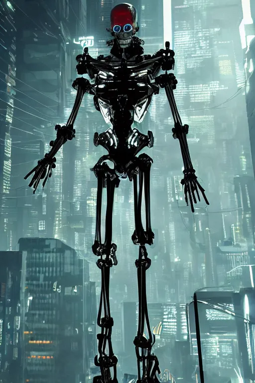 Image similar to skeletal black mecha (carbon fiber) cyberpunk 2077 long limbs black panels reflective. Skeletal face android face one eye ((glowing_red_eye)) exposed wiring cable wire harness RTX On UE5 Artstation Bladerunner 2049 scene