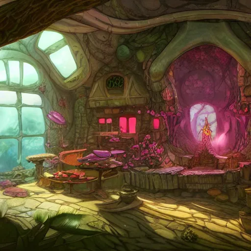 Image similar to concept art painting of a interior of an alien fantasy fairytale fungus house, realistic, detailed, cel shaded, magenta, in the style of makoto shinkai and greg rutkowski and james gurney