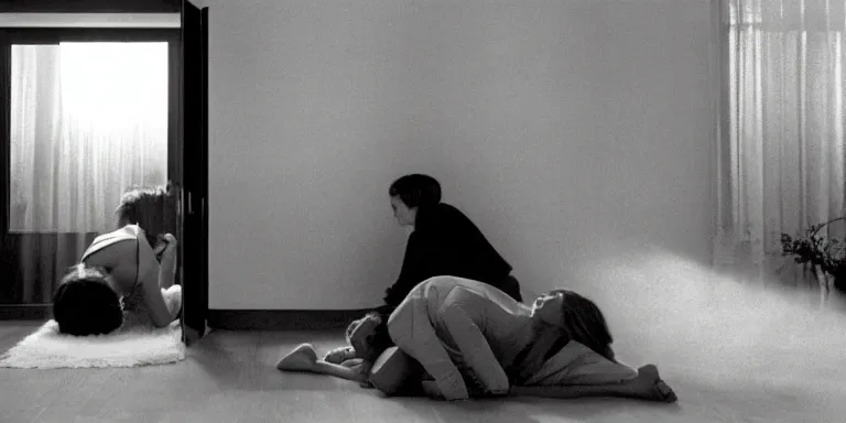 Prompt: photorealistic Cinematography of a two women kissing on the floor at night in a mid century modern apartment shot on film at magic hour with the sun shining into a room filled with volumetric haze by the shining Cinematographer john alcott on a cooke panchro 18mm lens .