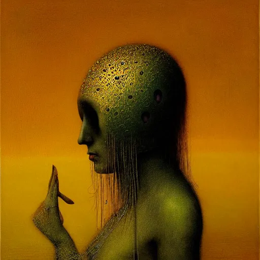 Image similar to portrait of ethereal young crow princess in golden armour by Beksinski