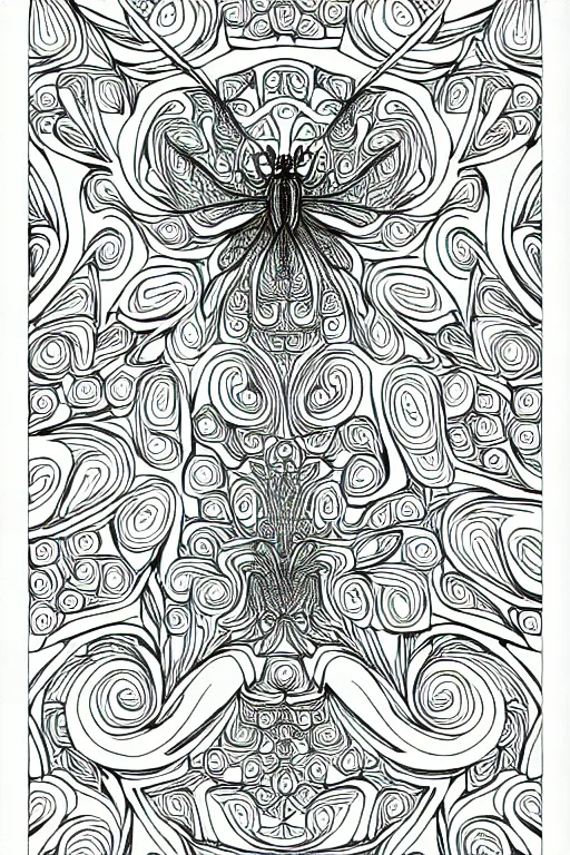 Image similar to mantis ornate luxury fractal ink drawing line art colouring page, vector, margins, fine lines, centered