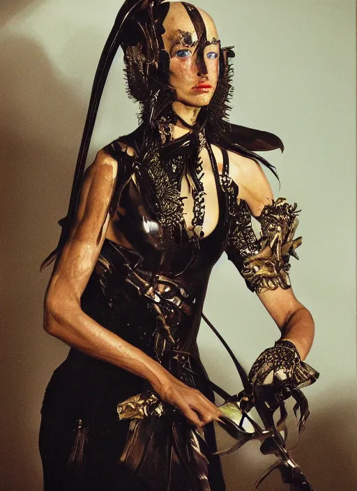 Image similar to a woman with iridescent skin, pirate weapons, by van herpen, iris