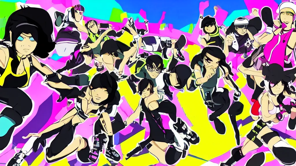 Prompt: jet set radio style anime, with diverse female characters on skates, set in colourful future city