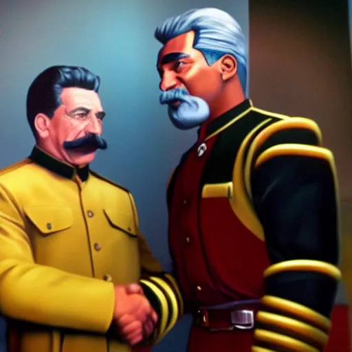 Prompt: a hyper realistic ultra realistic photograph of stalin shaking hands with Geordi La Forge, highly detailed, 8k photograph