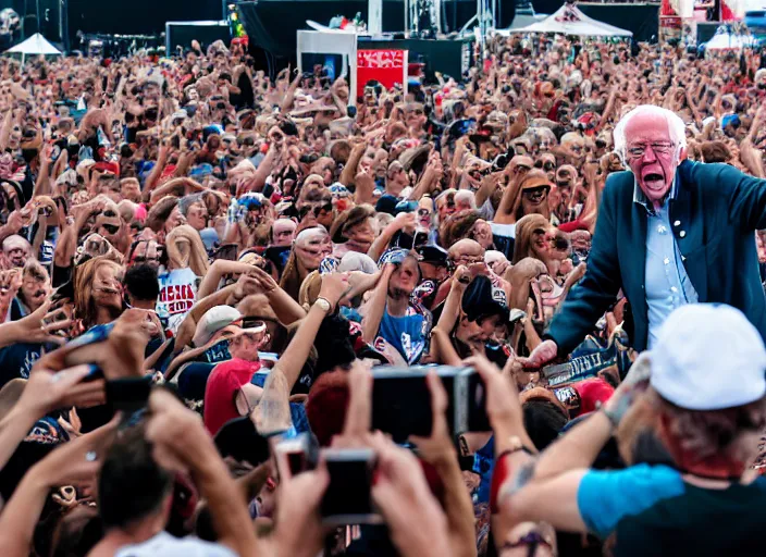 Image similar to photo still of bernie sanders at vans warped tour!!!!!!!! at age 8 0 years old 8 0 years of age!!!!!!! stage diving into a crowd, 8 k, 8 5 mm f 1. 8, studio lighting, rim light, right side key light