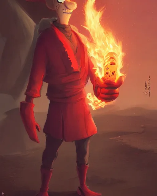 Image similar to wide shot, detailed photorealistic ( cartoony ) face, squidward, wearing fire nation clothing and practicing firebending outside at susnset, [ greg rutkowski ]