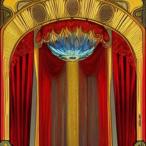 Prompt: flowing theatre red curtains, centered radial design, gold art nouveau graphic elements, painting by mucha, beautiful lighting