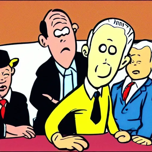 Image similar to a hand-drawn character from Tintin looking like Benjamin Netanyahu, Comics, Hergé