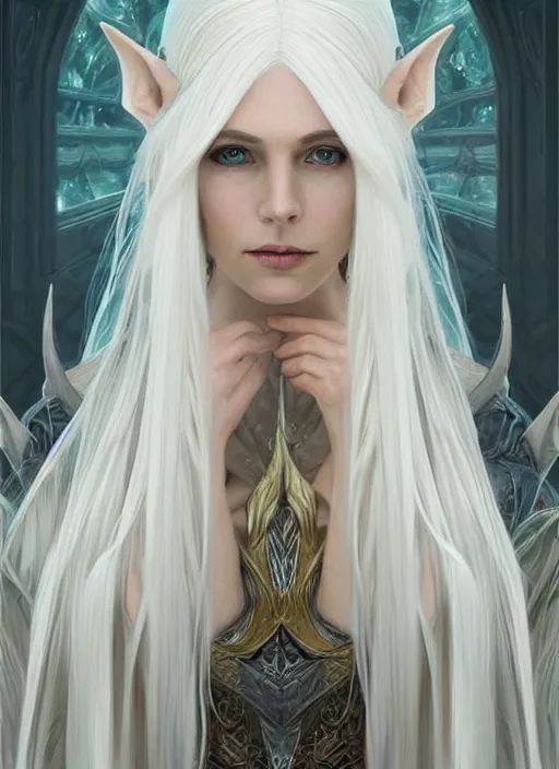 Image similar to portrait of a female elven mage, looking at camera, D&D, white leather dress, long platinum hair, intricate, elegant, stylish, cute smile, fantasy, extremely detailed, digital painting, artstation, concept art, smooth, sharp focus, illustration, ambient lighting, art by artgerm and greg rutkowski and alphonse mucha and simon stalenhag