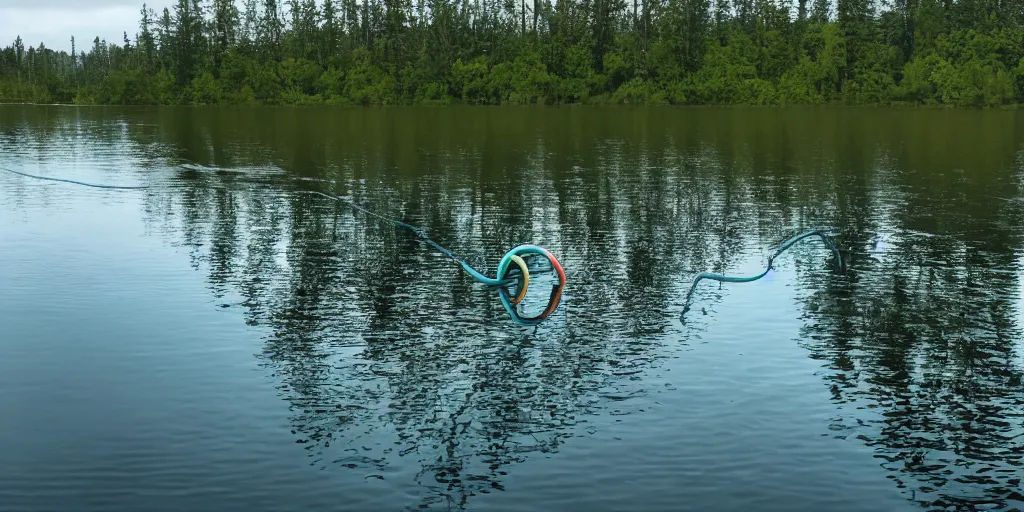 Prompt: centered colored photograph of a long rope snaking across the surface of the water, stretching out towards the center of the lake, a dark lake on a cloudy day, trees in the background, anamorphic lens