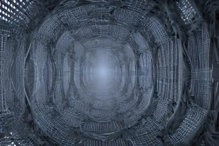 Image similar to a complex organic fractal 3 d ceramic skeleton megastructure, cinematic shot, foggy, 3 point lighting, photo still from movie by denis villeneuve