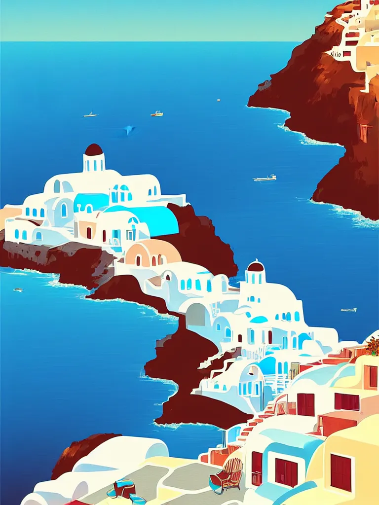 Image similar to a travel poster illustration depicting a house in santorini with an ocean view, vintage style, white architecture, digital painting, vector art, trending on artstration, by anton fadeev, by alena aenami