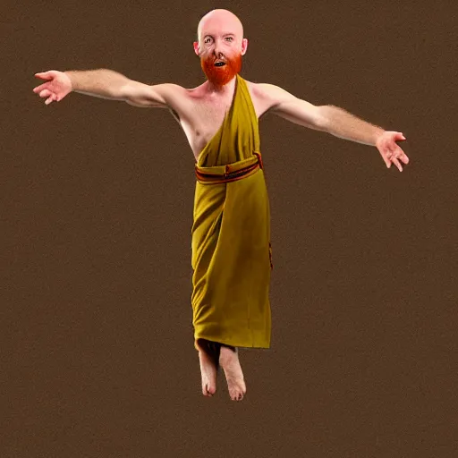 Image similar to digital art, a scruffy bald ginger monk levitates,