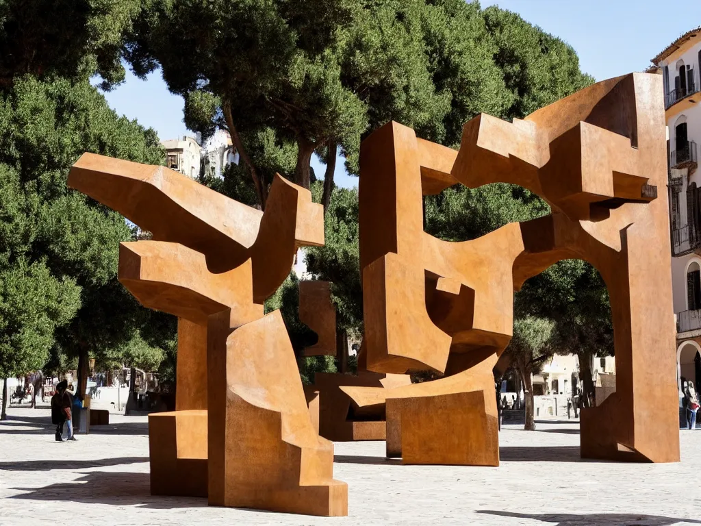 Image similar to huge plastic sculpture by eduardo chillida on a mediterranean town square