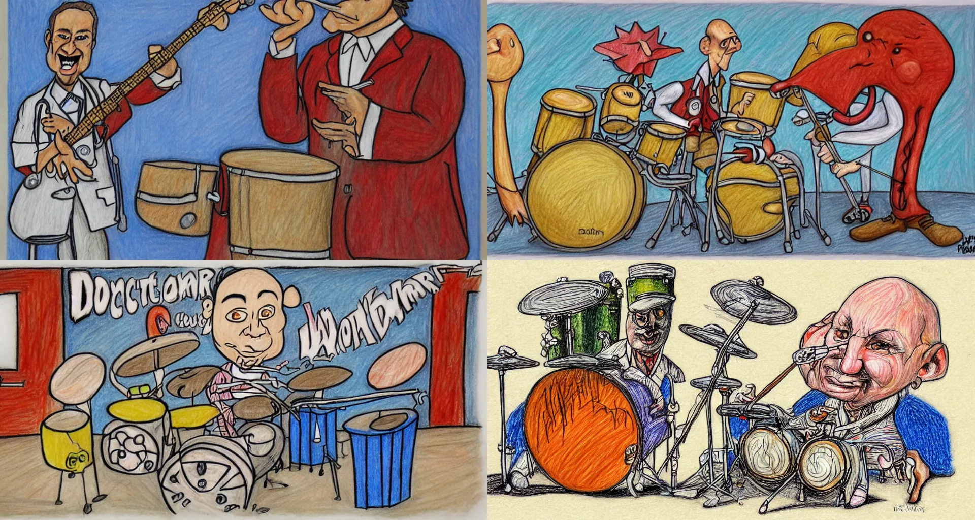 Prompt: Doctor worm playing the drums, caricature, color pencils