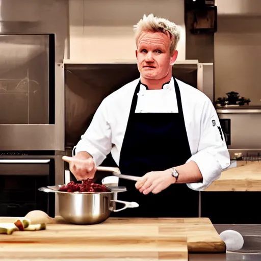 Image similar to hyper real Gordon Ramsey cooking a unicorn in kitchen 4k