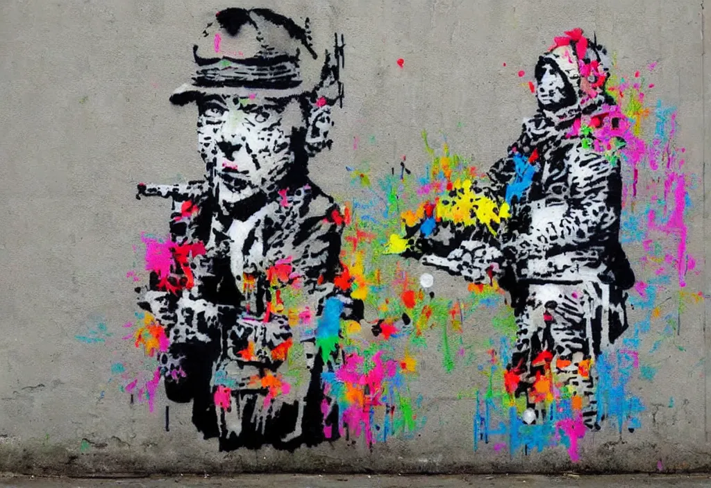 Image similar to full color banksy graffiti with statement of ai art is not art, detailed, realistic, glitch art effect