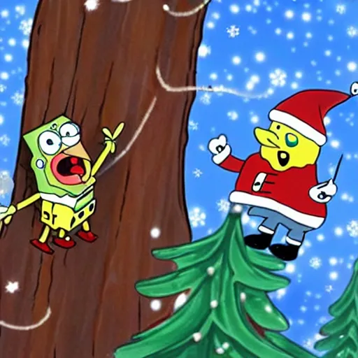 Prompt: robot santa and spongebob ride a tree log down an icy slope