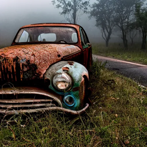 Prompt: apocalyptic, ruined town, abandoned streets, littered, mutated wildlife, decrepit homes and sheds on the side of the road, slowly being reclaimed by nature. rusted vintage cars. fog, dew, rain, volumetric lighting, beautiful, summer morning dew, sharp focus, ultra detailed, kodachrome, cgsociety - w 1 0 2 4 - n 8 - i