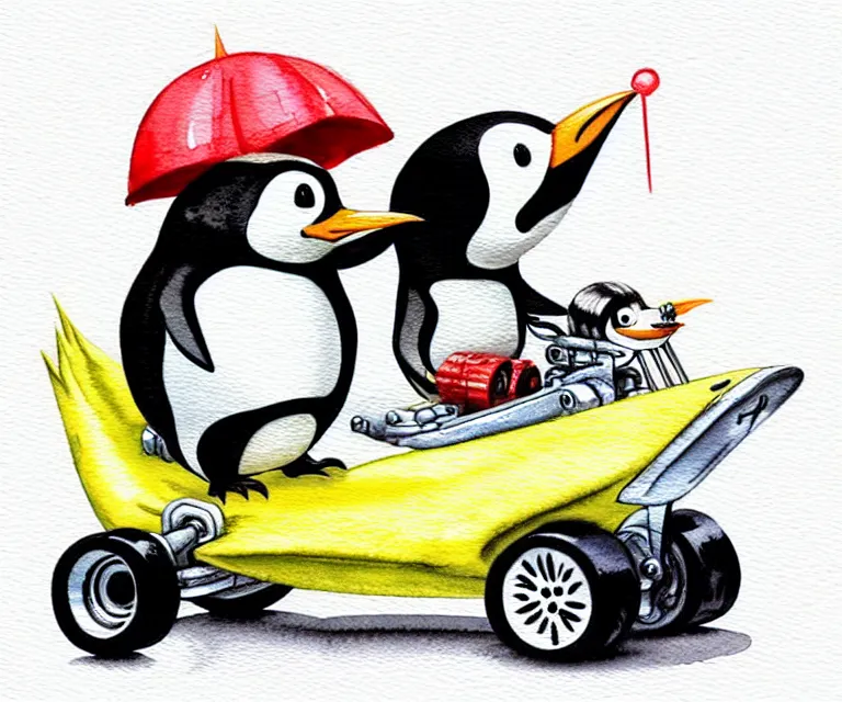 Image similar to cute and funny, penguin riding in a tiny gokart with an oversized engine, ratfink style by ed roth, centered award winning watercolor pen illustration, isometric illustration by chihiro iwasaki, edited by range murata, tiny details by artgerm and watercolor girl, symmetrically isometrically centered, sharply focused