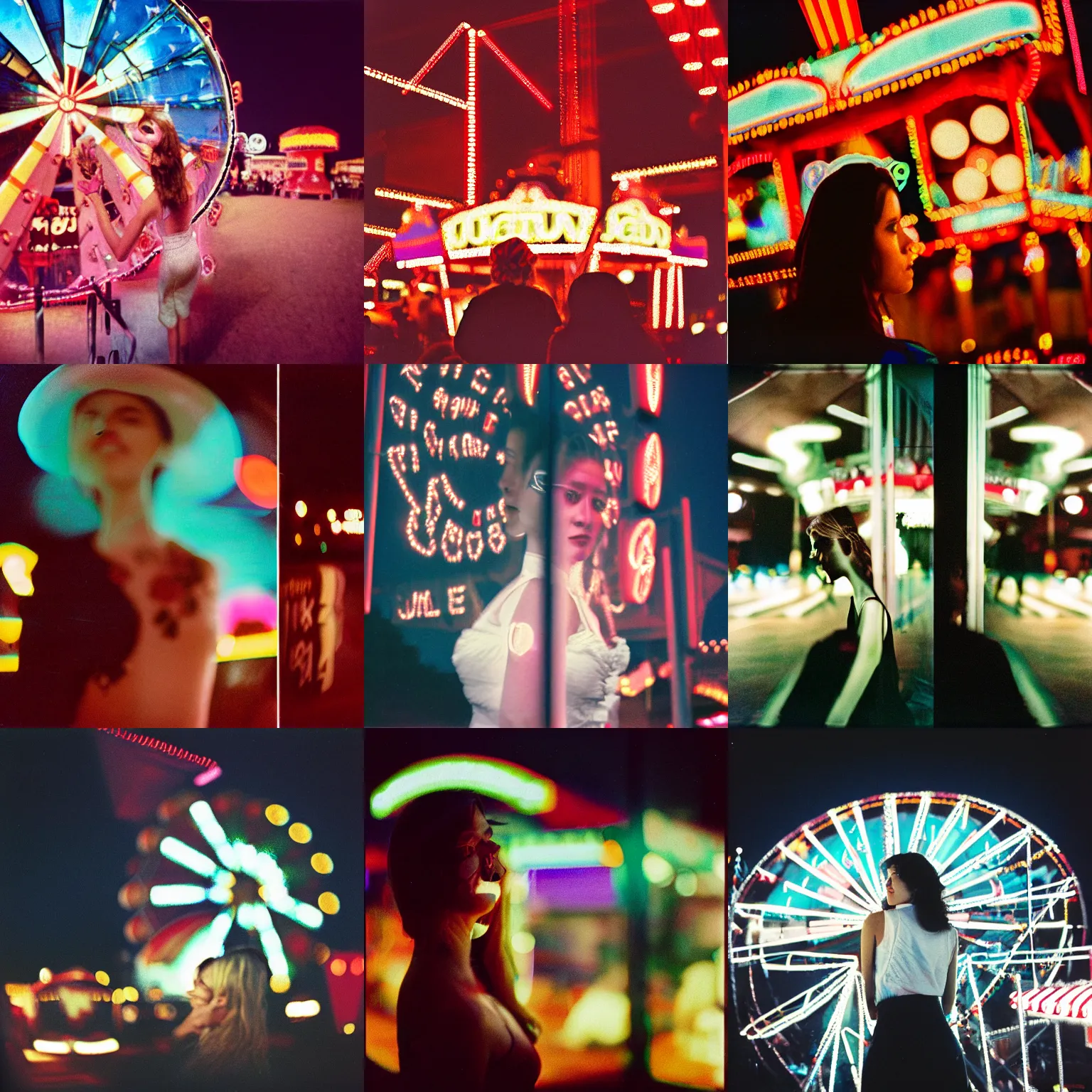 Prompt: double exposure film photograph of a woman's side profile and a night time carnival scene, Fujica GW690 Kodak Portra 160 medium format, analog film photography