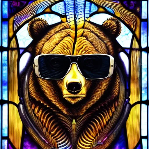 Prompt: ( bear wearing sunglasses, hr giger ) ( ( ( hyper detailed masterpiece, psychedelic fractal pattern, jean giraud, digital art painting, dream wave aesthetic, ethereal, artgerm, donato giancola, tom bagshaw ) ) ) ( ( ( ( stained glass, ink painting ) ) ) )