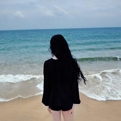 Prompt: pale goth girl with black hair annoyed on the beach