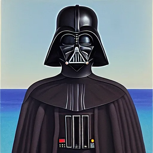 Prompt: portrait of darth vader at the beach, painting by rene magritte, high detail, high resolution