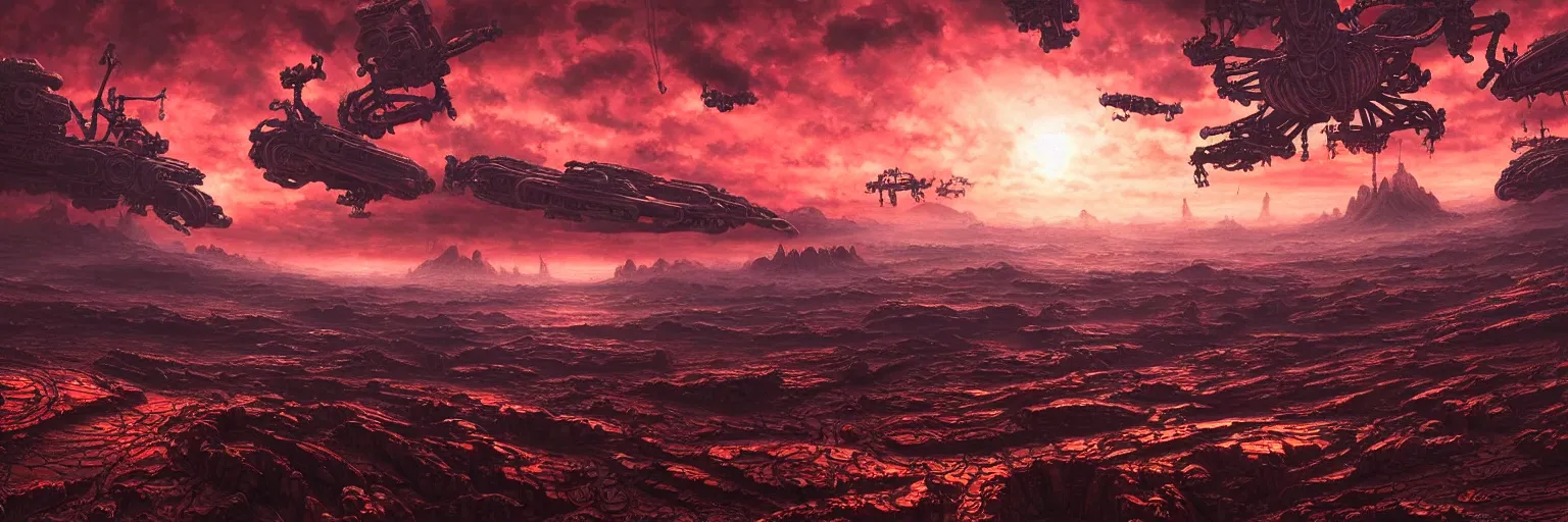 Prompt: ultra realist intricate detailed landscape painting of an alien world, red sky with mech buildings and cyborg tech, symmetry accurate features, very intricate details, bokeh focus, 8 k render, artstyle geoff taylor, award winning