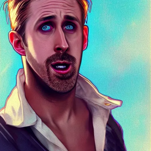 Prompt: ryan gosling doing gay gestures, surprised, mouth open, pink lighting ultra realistic photorealistic highly detailed high quality, a stunningly, digital painting, artstation, concept art, smooth, sharp focus, illustration, art by artgerm and greg rutkowski and alphonse mucha 8 k