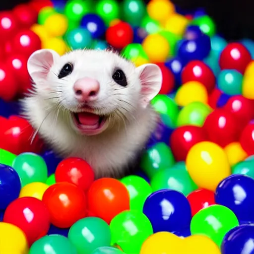 Image similar to ferret with clown makeup, in a ball pit