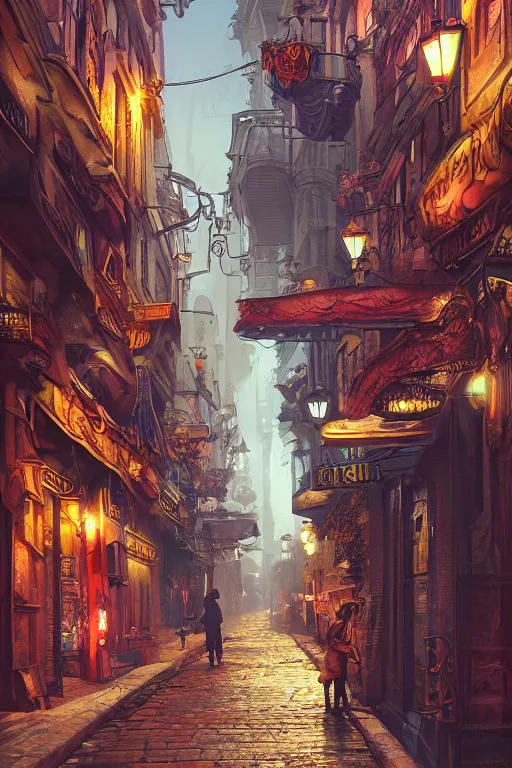 Prompt: colorful street vue of steampunk paris, intricate details, realistic shaded , steampunk, highly detailed, artstation, painting by François Schuiten and moebius, octane render, dynamic light, volumetric light, neon lights, cinematic mood