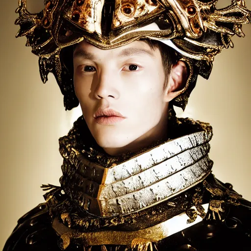 Prompt: a portrait of a beautiful young male wearing an alexander mcqueen armor made of candle wax , photographed by andrew thomas huang, artistic