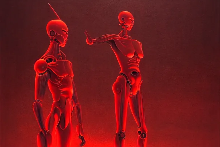 Image similar to only with red, a red samurai humanoid, tokio futuristic in background, yokai, in the style of beksinski, parts by edward hopper, parts by rodcenko, parts by yue minjun, intricate and epic composition, red by caravaggio, insanely quality, highly detailed, masterpiece, red light, artstation, 4 k