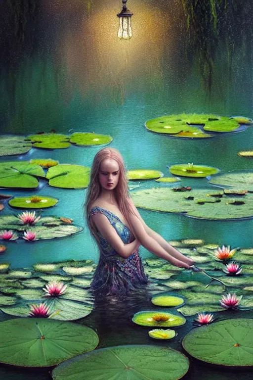 Image similar to light teal portrait in the rain on pond with waterlilies, fantasy, intricate, elegant, dramatic lighting, emotionally evoking symbolic metaphor, highly detailed, lifelike, photorealistic, digital painting, artstation, concept art, smooth, sharp focus, illustration, art by John Collier and Albert Aublet and Krenz Cushart and Artem Demura and Alphonse Mucha