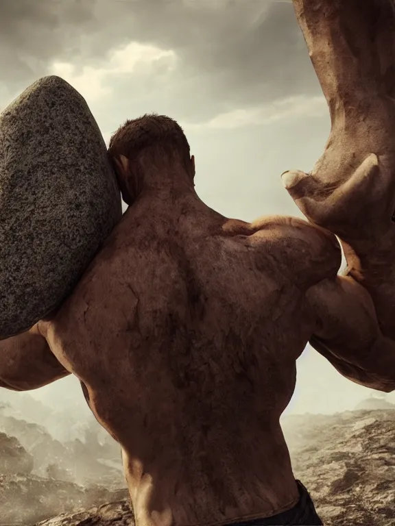 Prompt: a muscular man wearing torn clothes carrying a giant stone on his back, big beard, bold, hyperrealistic, concept art, octane render, unreal engine 5, trending on artstation, high quality, 8 k, anatomically correct, five fingers, digital art, symmetrical, low contrast, epic scene, cinematic, dramatic lighting, high coherence