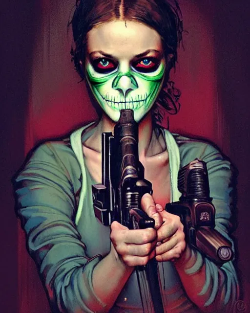Prompt: in the style of Norman Rockwell and Joshua Middleton and Charlie Bowater, Samara Weaving with skull face paint, symmetrical face, symmetrical body, holding a shotgun, in an alleyway during The Purge, night time dark with neon colors, fires