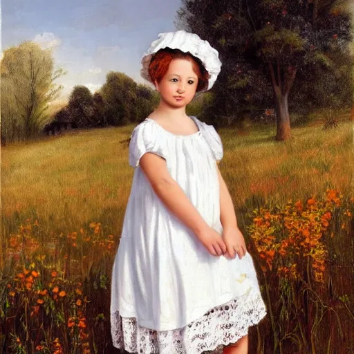 Image similar to beautiful pioneer girl in a meadow, white lacy dress and bonnet, portrait