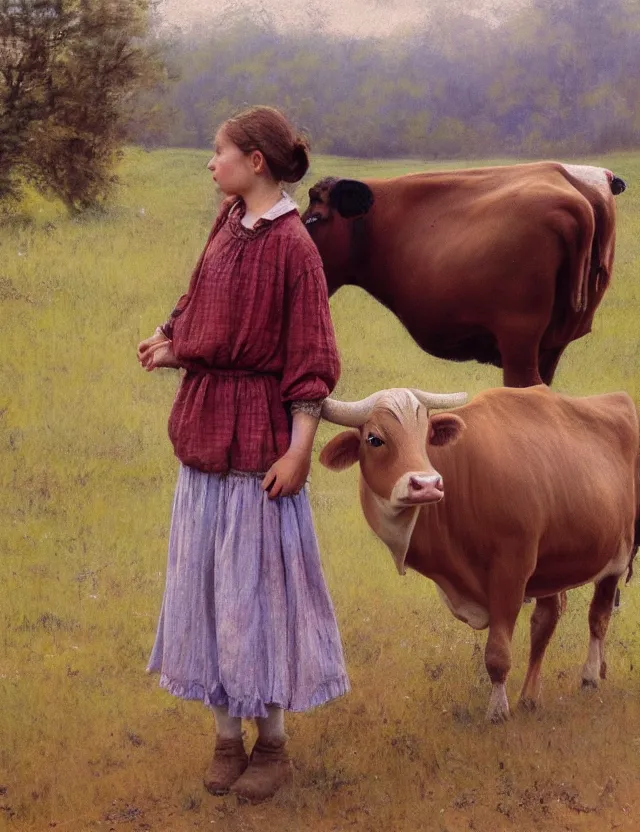 Prompt: portrait of peasant girl petting a cow on a farm, cottage core, cinematic focus, polaroid photo bleached vintage pastel colors high - key lighting, soft lights, foggy, by steve hanks, by lisa yuskavage, by serov valentin, by tarkovsky, 8 k render, detailed, oil on canvas