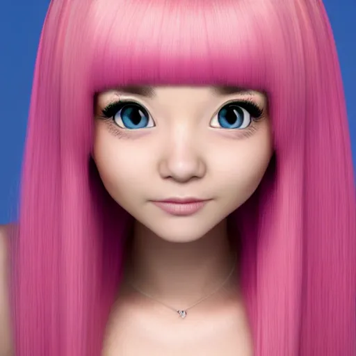 Image similar to A portrait of Nikki from Shining Nikki and Love, a cute 3d cgi toon young woman with long light pink hair, full bangs, hazel eyes, full face, light makeup, pale skin, Chinese heritage, cute outfit, medium shot, mid-shot, hyperdetailed, 8k, trending on artstation, as a Pixar character