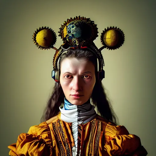 Image similar to Colour Caravaggio style Photography of Highly detailed beautiful Woman with 1000 years perfect face and wearing detailed Ukrainian folk costume designed by Taras Shevchenko also wearing highly detailed futuristic VR headset designed by Josan Gonzalez. Many details In style of Josan Gonzalez and Mike Winkelmann and andgreg rutkowski and alphonse muchaand and Caspar David Friedrich and Stephen Hickman and James Gurney and Hiromasa Ogura. Rendered in Blender and Octane Render volumetric natural light