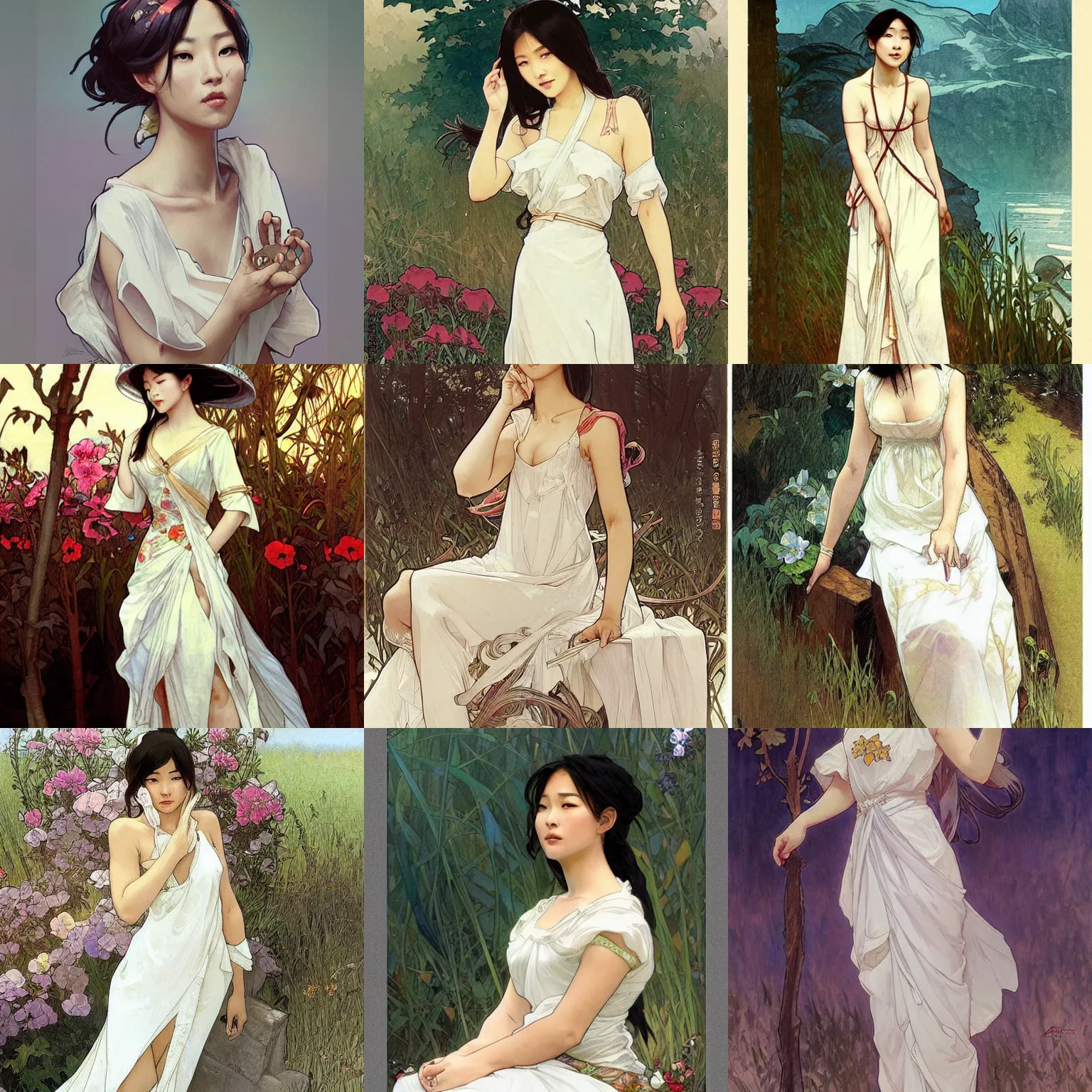 Prompt: An Asian female in a white summer dress by Artgerm and greg rutkowski and alphonse mucha
