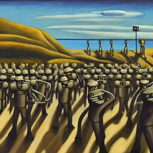 Prompt: robots marching off of a cliff, dystopian, pj crook, edward hopper, oil on canvas