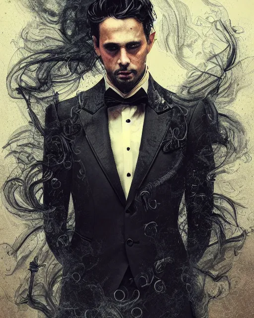 Image similar to a highly detailed portrait of devious male magician radiating a powerful energy aura, ornate back tuxedo, wispy tendrils of smoke, intricate, digital painting, old english, raining, sepia, particles floating, whimsical background by marc simonetti, artwork by liam wong