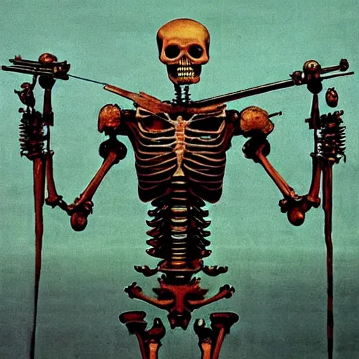 Image similar to robot cowboy skeleton with 4 arms, holding 4 guns, highly detailed beksinski art